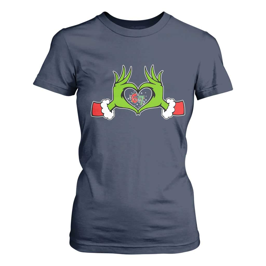 Funny Six Seven Christmas 67 Meme Gen Alpha Elf Heart Hands T Shirt For Women TS11 Navy Print Your Wear
