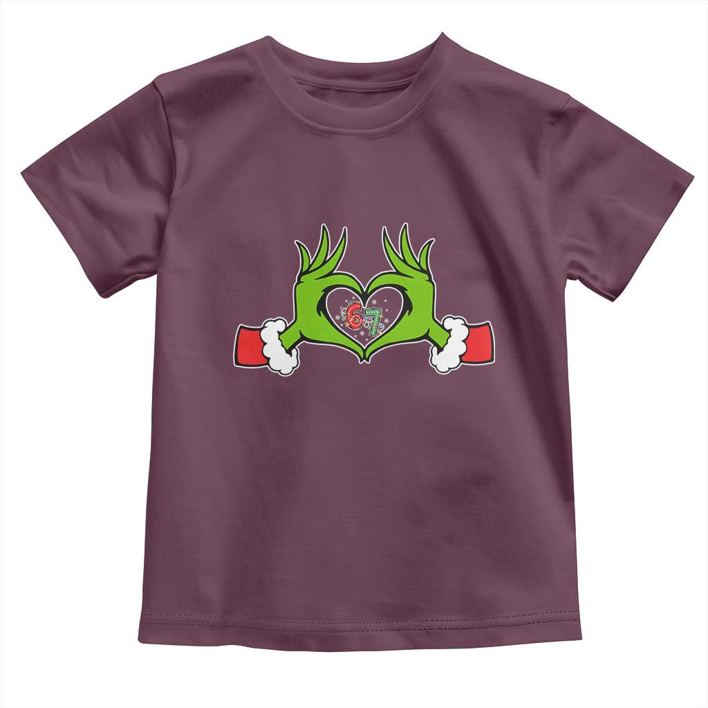 Funny Six Seven Christmas 67 Meme Gen Alpha Elf Heart Hands Toddler T Shirt TS11 Maroon Print Your Wear