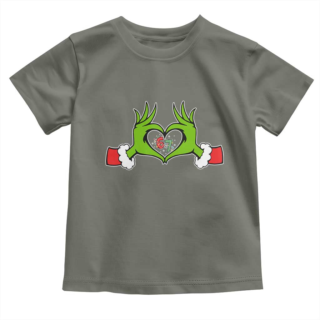 Funny Six Seven Christmas 67 Meme Gen Alpha Elf Heart Hands Toddler T Shirt TS11 Military Green Print Your Wear