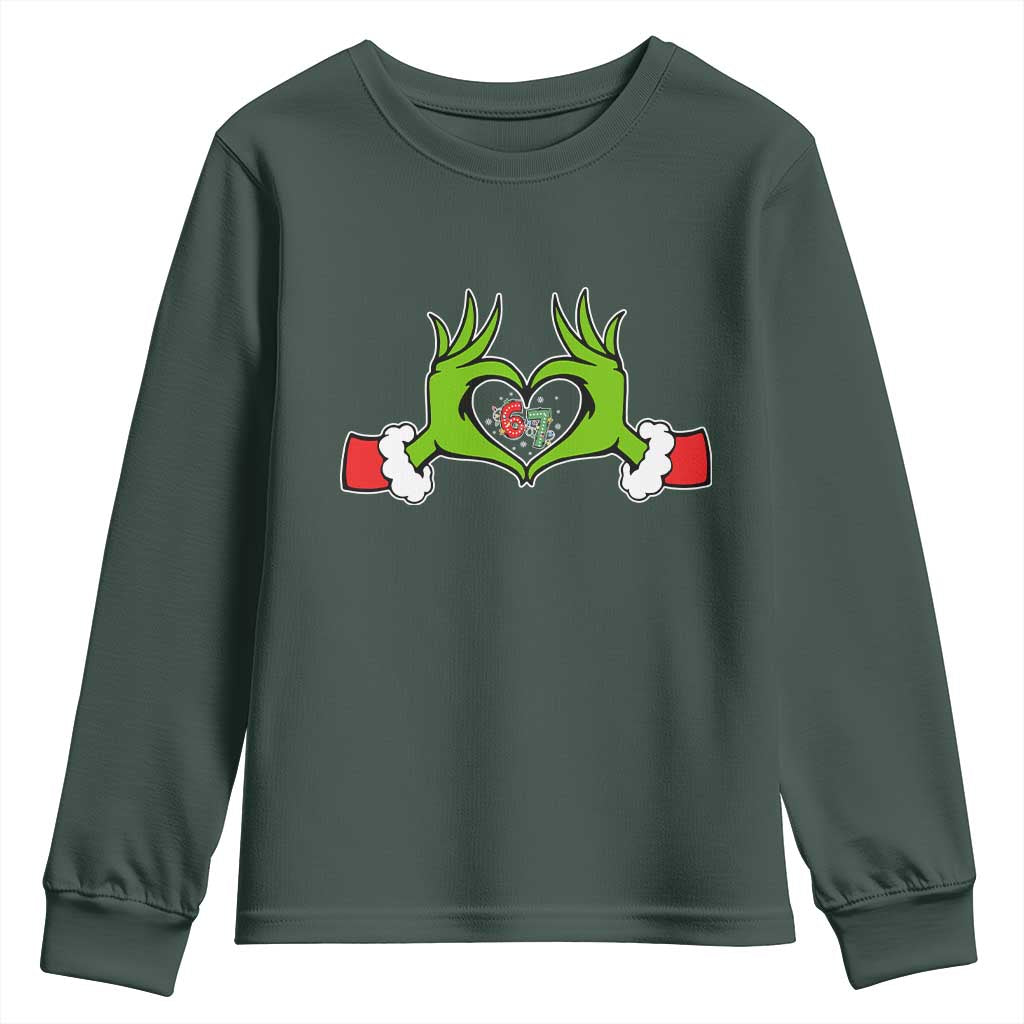 Funny Six Seven Christmas 67 Meme Gen Alpha Elf Heart Hands Youth Sweatshirt TS11 Dark Forest Green Print Your Wear