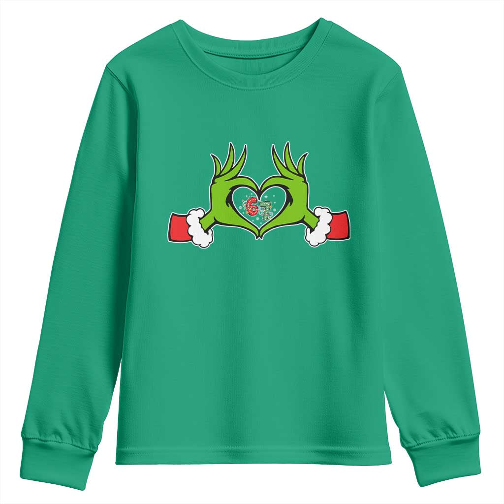 Funny Six Seven Christmas 67 Meme Gen Alpha Elf Heart Hands Youth Sweatshirt TS11 Irish Green Print Your Wear