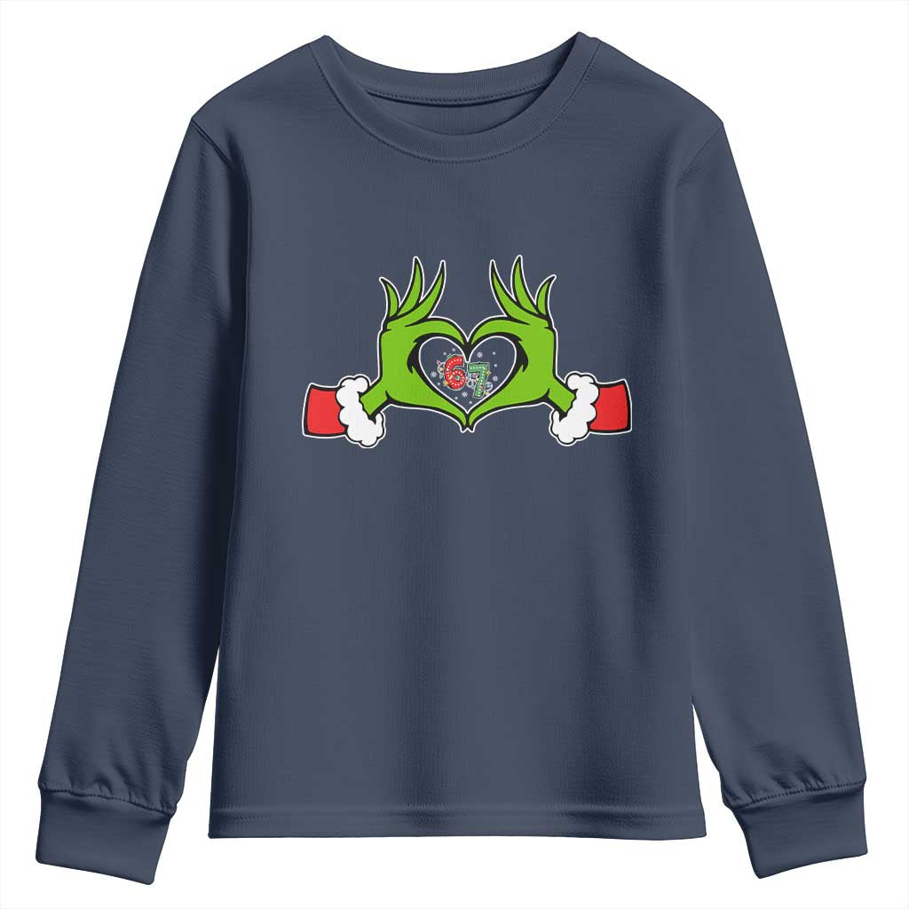 Funny Six Seven Christmas 67 Meme Gen Alpha Elf Heart Hands Youth Sweatshirt TS11 Navy Print Your Wear