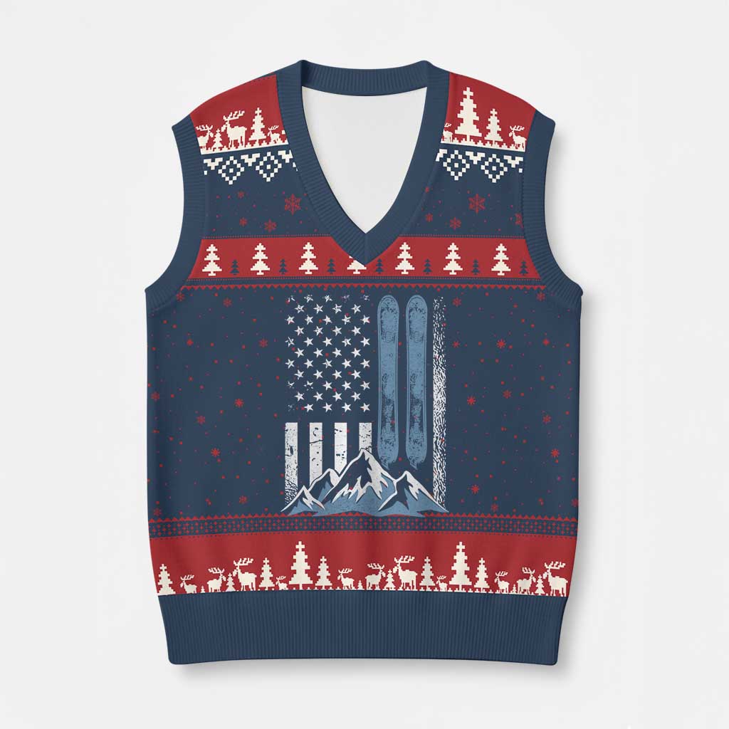 Funny Snowboarding V-Neck Knit Sweater Vest Vintage American Flag Snowboard Winter Sport TS11 Navy Red Print Your Wear