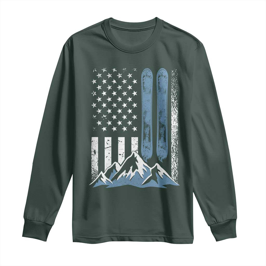 Funny Snowboarding Long Sleeve Shirt Vintage American Flag Snowboard Winter Sport TS11 Dark Forest Green Print Your Wear