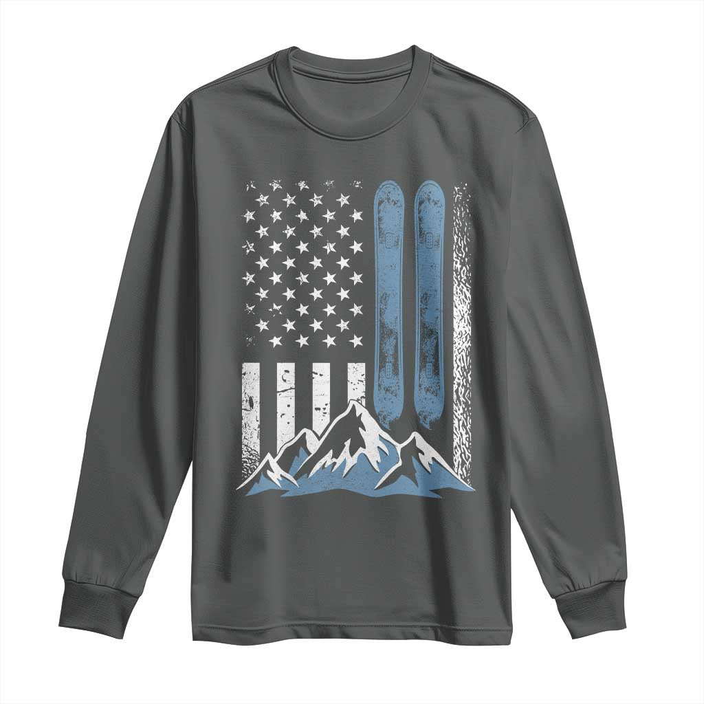 Funny Snowboarding Long Sleeve Shirt Vintage American Flag Snowboard Winter Sport TS11 Dark Heather Print Your Wear