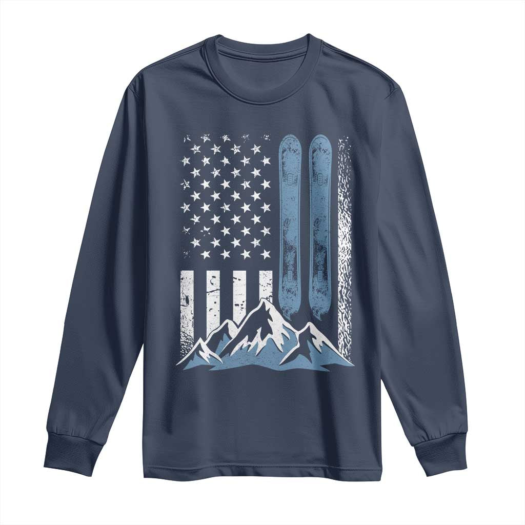 Funny Snowboarding Long Sleeve Shirt Vintage American Flag Snowboard Winter Sport TS11 Navy Print Your Wear