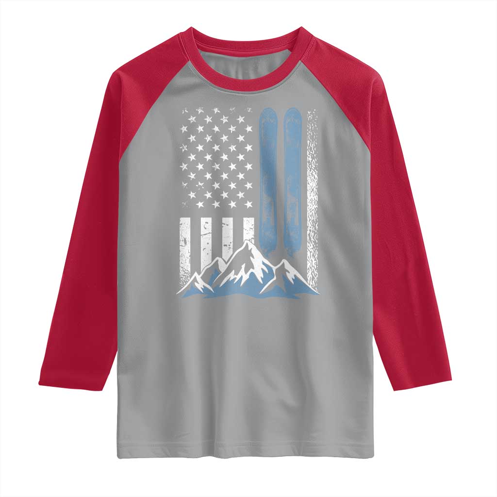 Funny Snowboarding Raglan Shirt Vintage American Flag Snowboard Winter Sport TS11 Sport Gray Red Print Your Wear