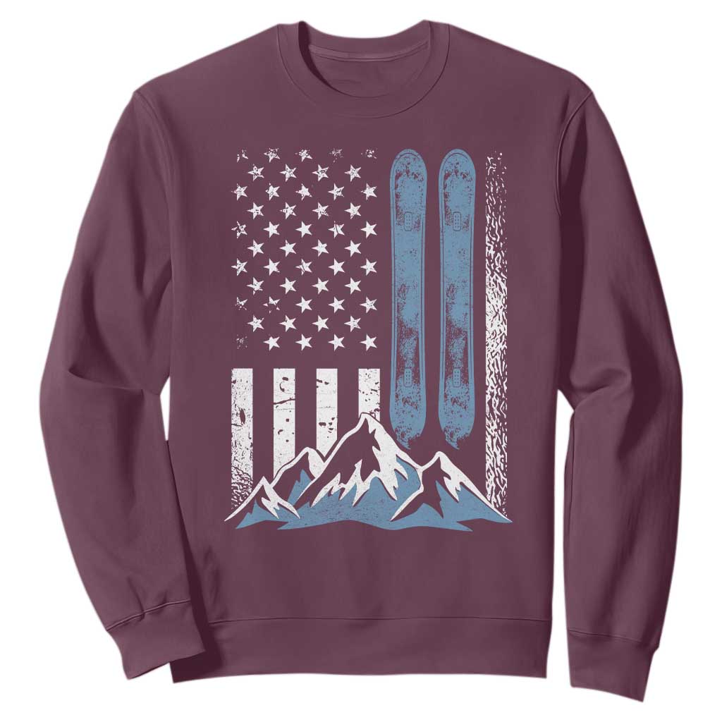 Alpine Skiing Skier Sweatshirt Vintage American Flag Winter Sport TS11 Maroon Print Your Wear