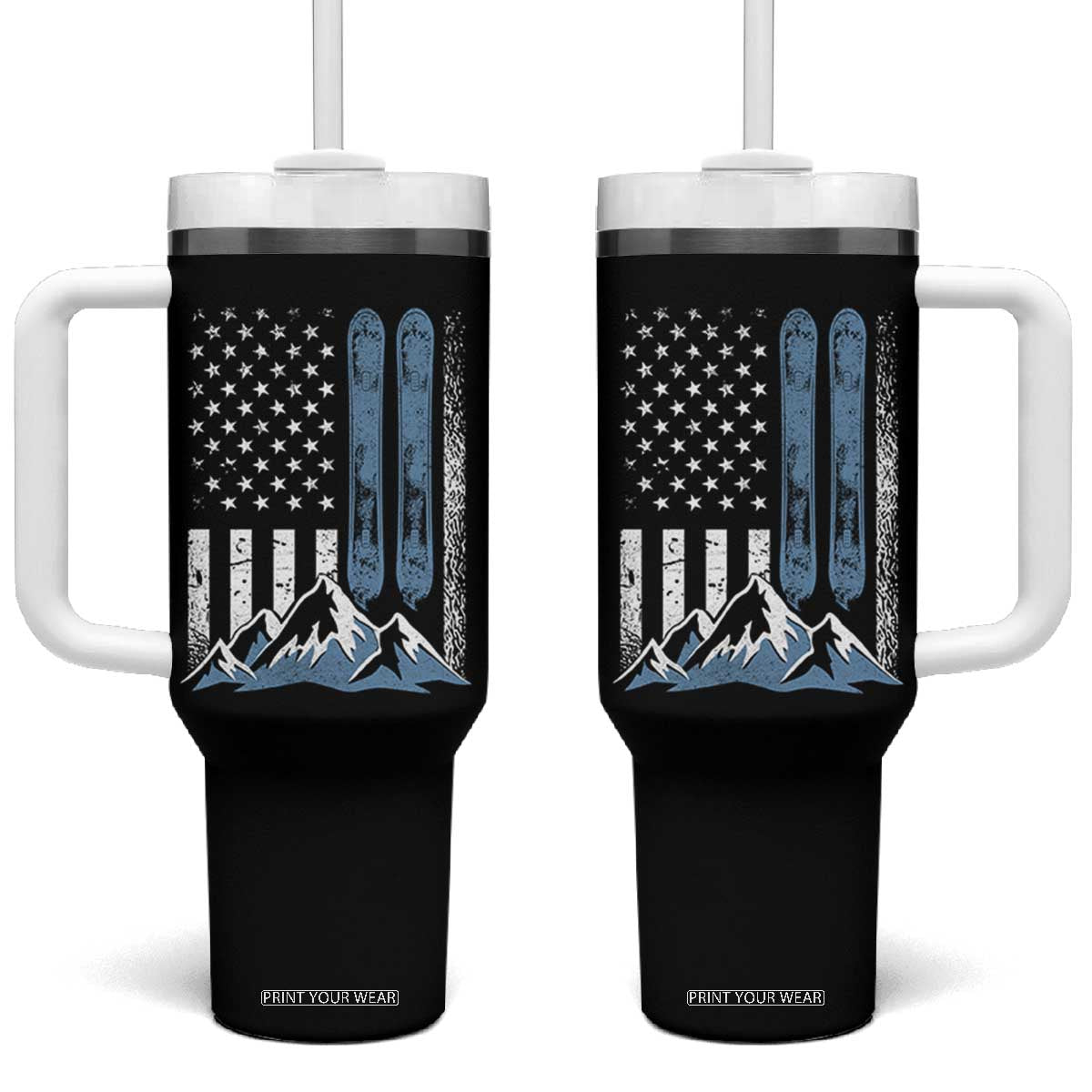 Funny Snowboarding Tumbler With Handle Vintage American Flag Snowboard Winter Sport TS11 One Size: 40 oz Black Print Your Wear
