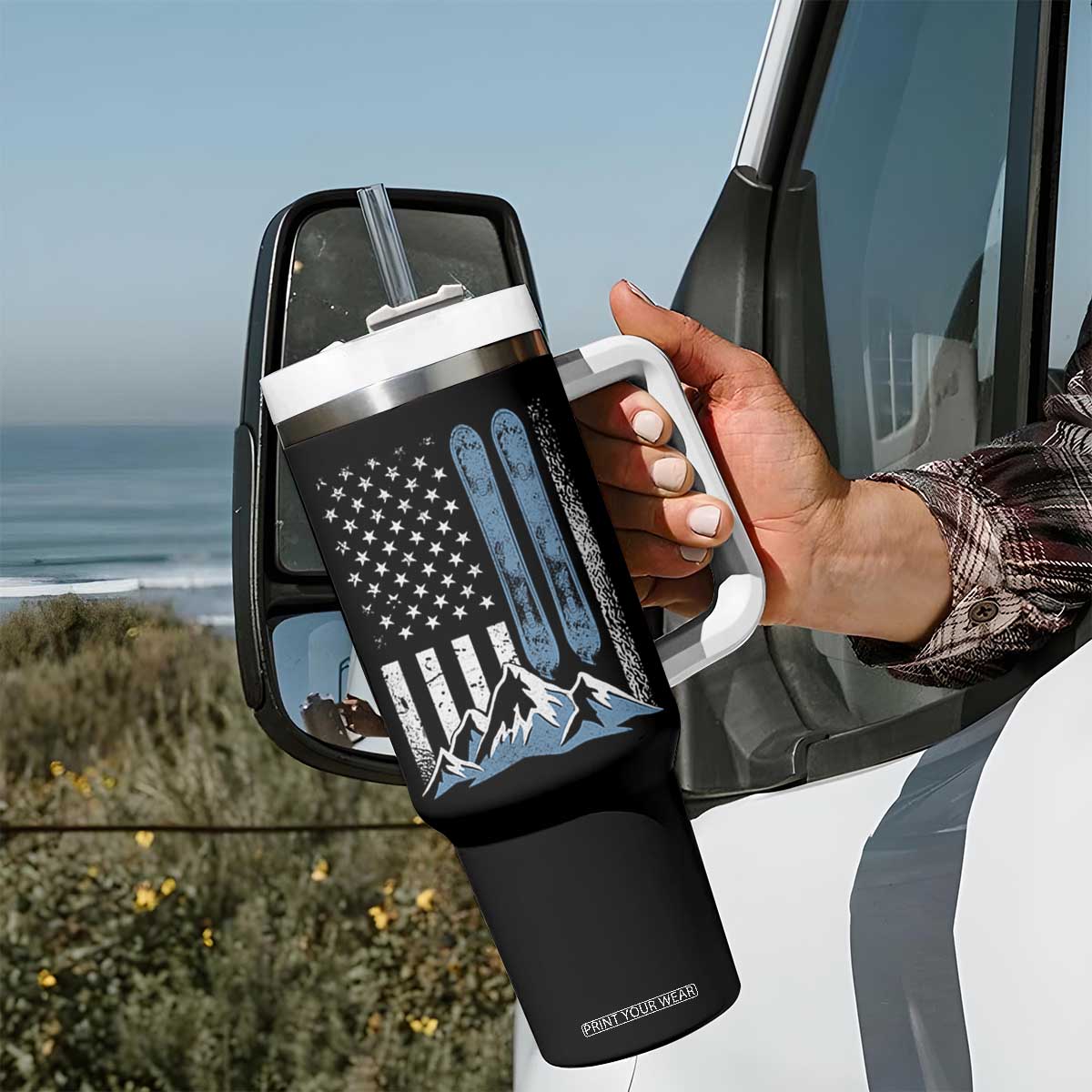 Funny Snowboarding Tumbler With Handle Vintage American Flag Snowboard Winter Sport TS11 Print Your Wear