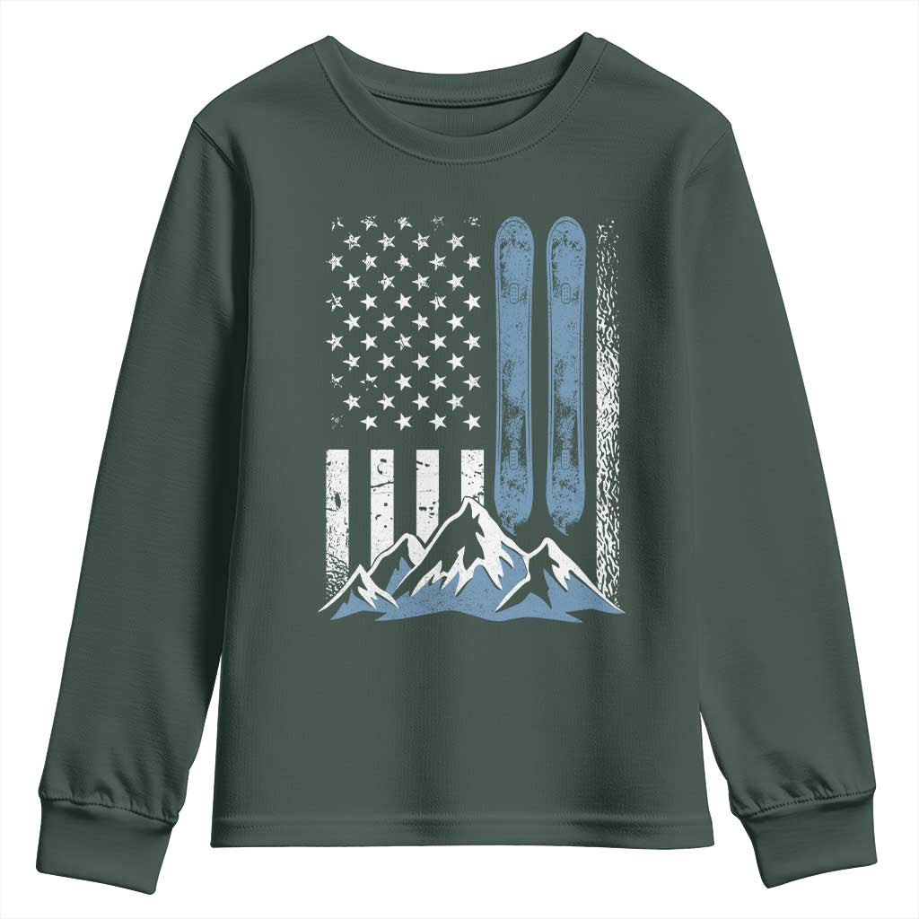 Funny Snowboarding Youth Sweatshirt Vintage American Flag Snowboard Winter Sport TS11 Dark Forest Green Print Your Wear