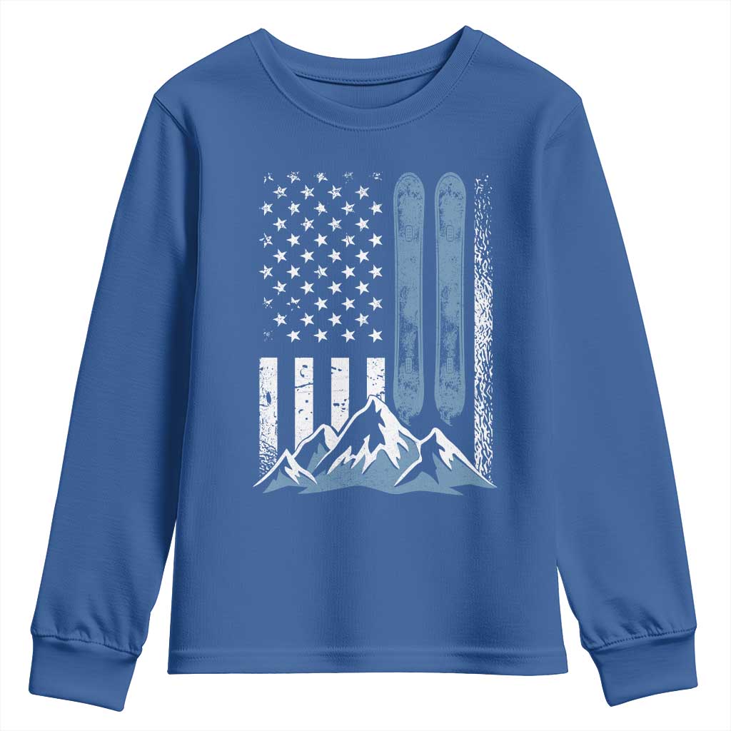 Funny Snowboarding Youth Sweatshirt Vintage American Flag Snowboard Winter Sport TS11 Royal Blue Print Your Wear