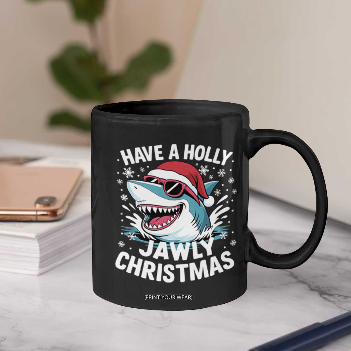 Funny Xmas Shark Coffee Mug Have A Holly Jawly Christmas Santa Hat - Print Your Wear