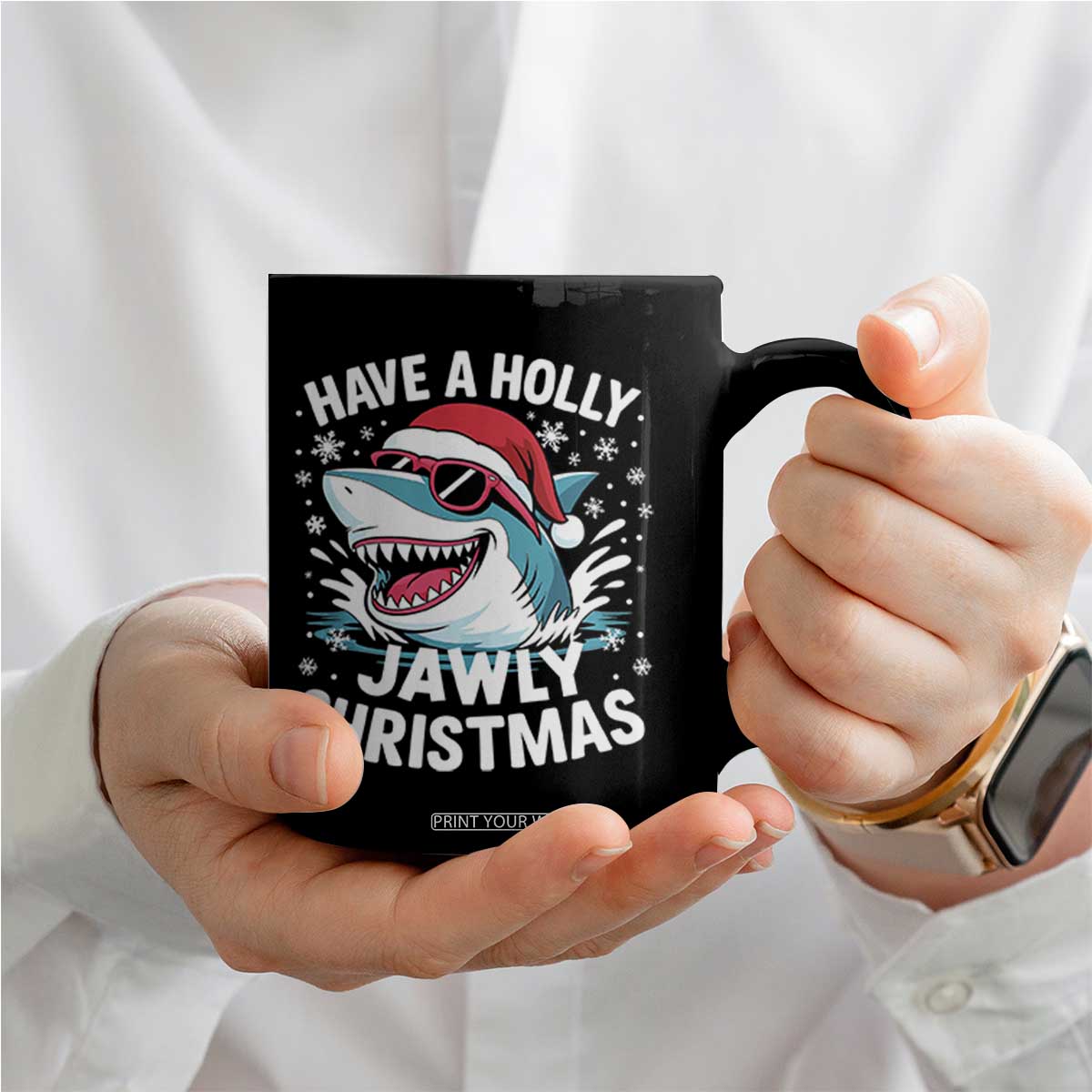 Funny Xmas Shark Coffee Mug Have A Holly Jawly Christmas Santa Hat - Print Your Wear