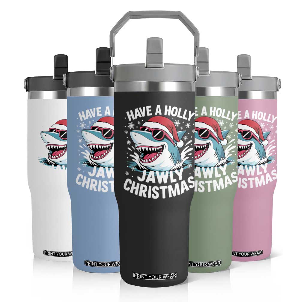 Funny Xmas Shark Flip Straw Tumbler Have A Holly Jawly Christmas Santa Hat TS11 Print Your Wear