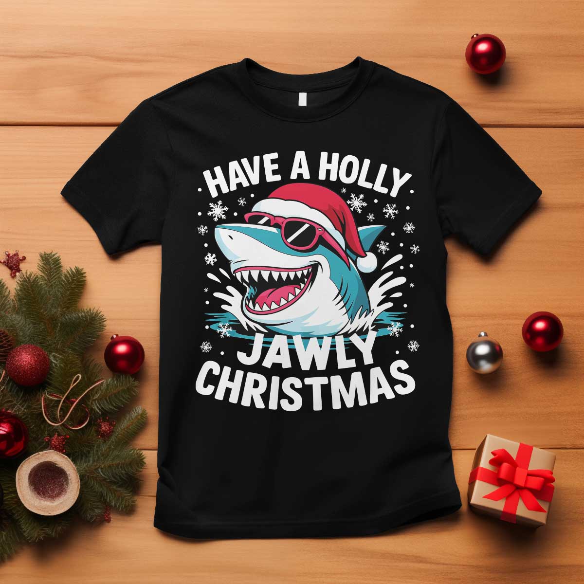 Funny Xmas Shark T Shirt Have A Holly Jawly Christmas Santa Hat TS11 Black Print Your Wear