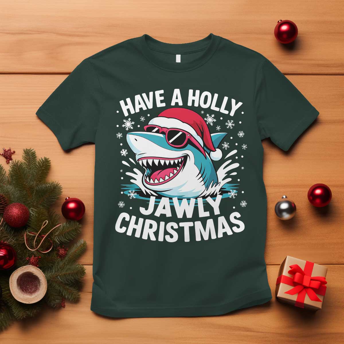 Funny Xmas Shark T Shirt Have A Holly Jawly Christmas Santa Hat TS11 Dark Forest Green Print Your Wear