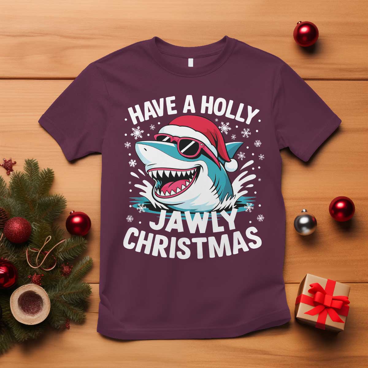 Funny Xmas Shark T Shirt Have A Holly Jawly Christmas Santa Hat TS11 Maroon Print Your Wear