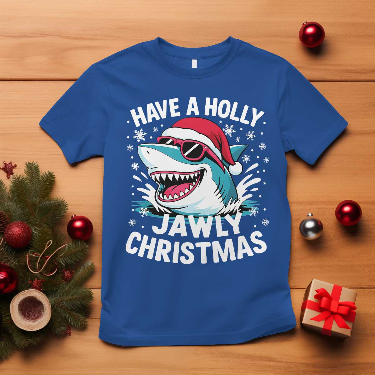 Funny Xmas Shark T Shirt Have A Holly Jawly Christmas Santa Hat TS11 Royal Blue Print Your Wear