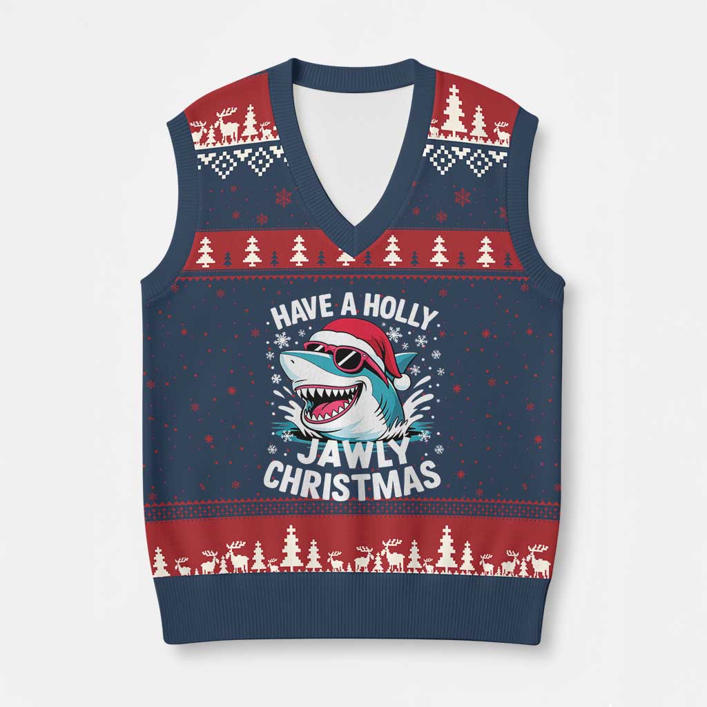 Funny Xmas Shark V-Neck Knit Sweater Vest Have A Holly Jawly Xmas Santa Hat TS11 Navy Red Print Your Wear