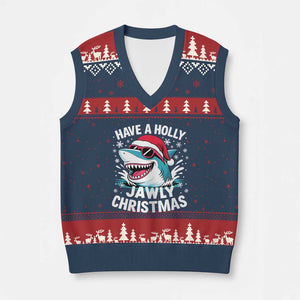 Funny Xmas Shark V-Neck Knit Sweater Vest Have A Holly Jawly Xmas Santa Hat TS11 Navy Red Print Your Wear