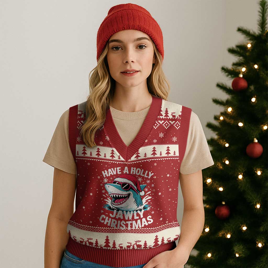 Funny Xmas Shark V-Neck Knit Sweater Vest Have A Holly Jawly Xmas Santa Hat TS11 Red Beige Print Your Wear