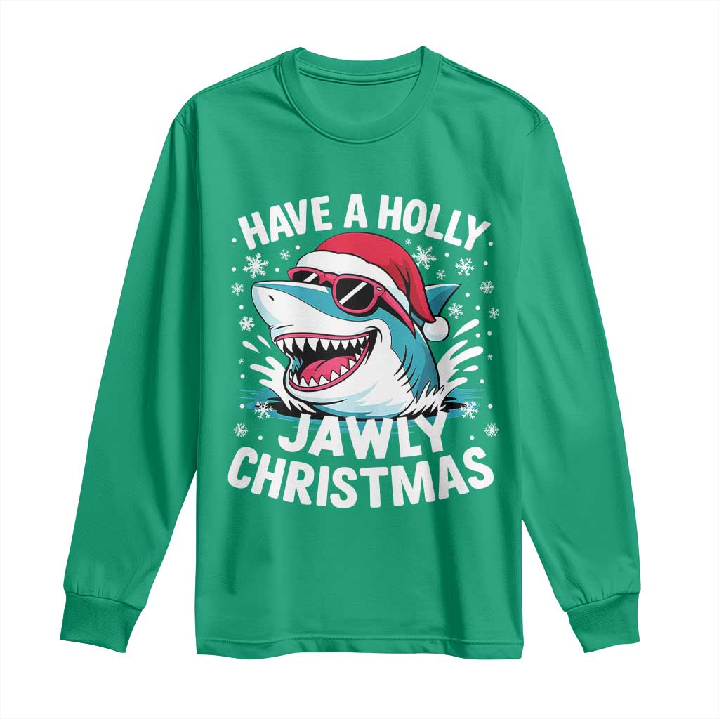 Funny Xmas Shark Long Sleeve Shirt Have A Holly Jawly Christmas Santa Hat TS11 Irish Green Print Your Wear
