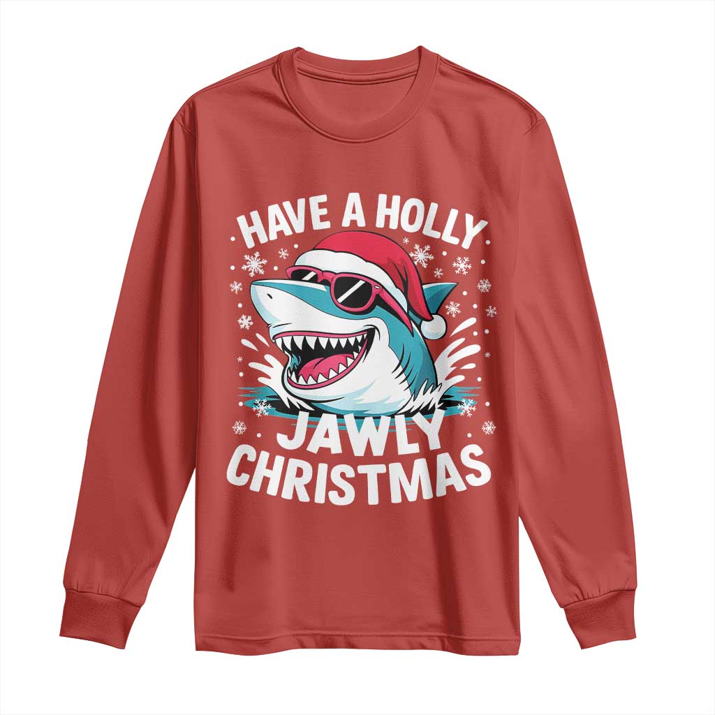 Funny Xmas Shark Long Sleeve Shirt Have A Holly Jawly Christmas Santa Hat TS11 Red Print Your Wear