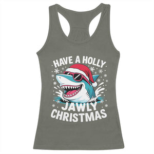 Funny Xmas Shark Racerback Tank Top Have A Holly Jawly Christmas Santa Hat TS11 Military Green Print Your Wear