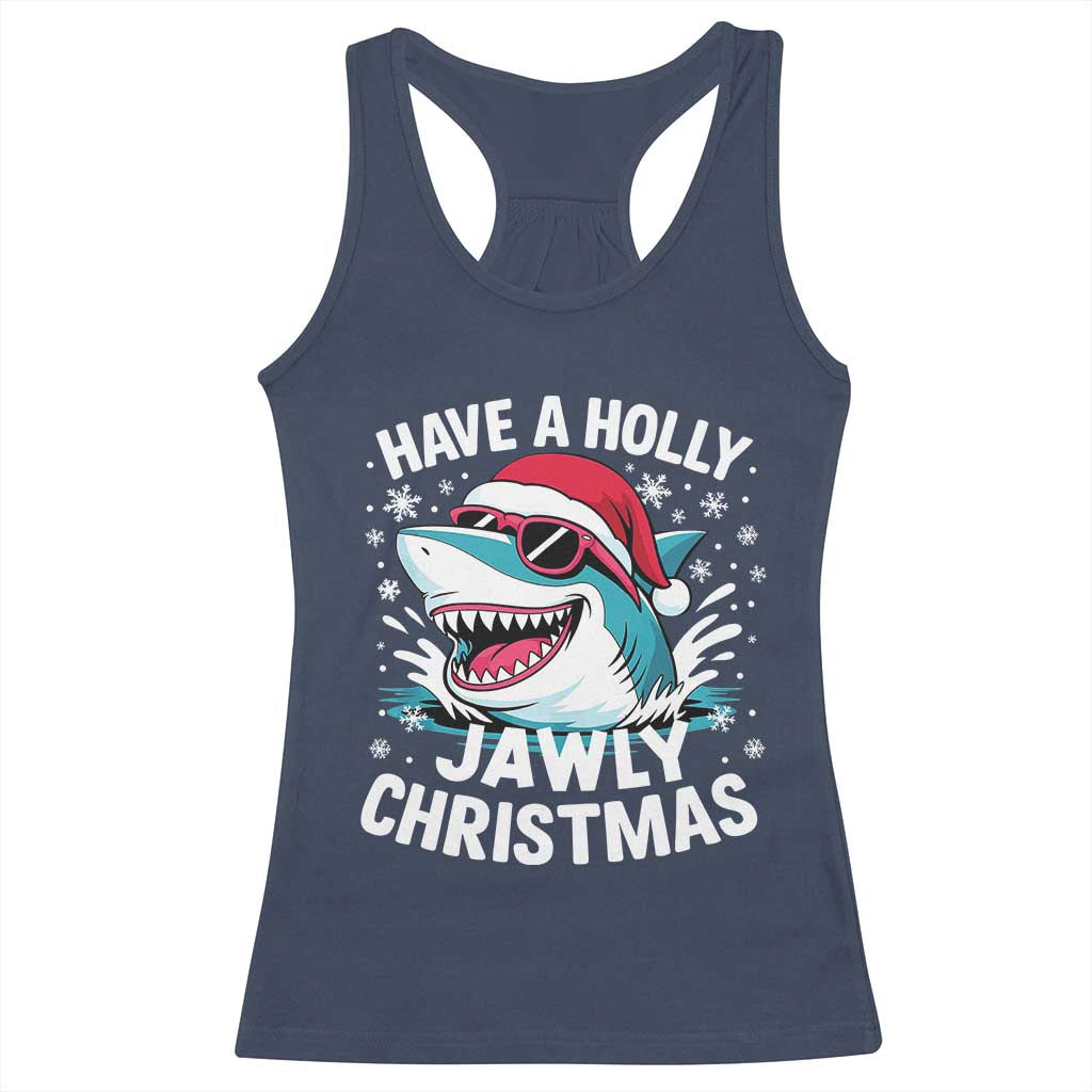 Funny Xmas Shark Racerback Tank Top Have A Holly Jawly Christmas Santa Hat TS11 Navy Print Your Wear