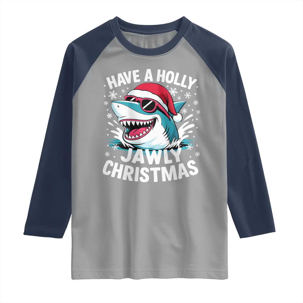 Funny Xmas Shark Raglan Shirt Have A Holly Jawly Christmas Santa Hat TS11 Sport Gray Navy Print Your Wear