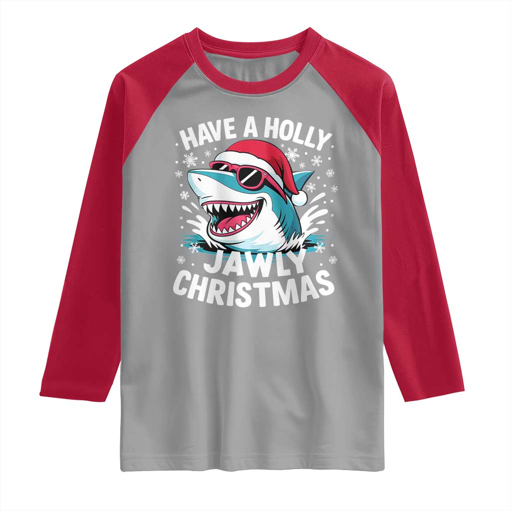 Funny Xmas Shark Raglan Shirt Have A Holly Jawly Christmas Santa Hat TS11 Sport Gray Red Print Your Wear