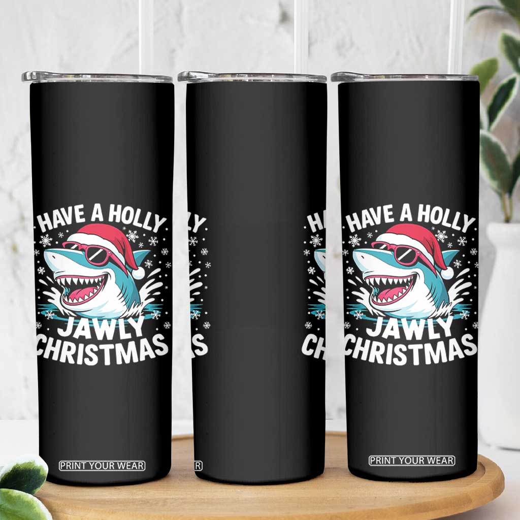 Funny Xmas Shark Skinny Tumbler Have A Holly Jawly Christmas Santa Hat - Print Your Wear