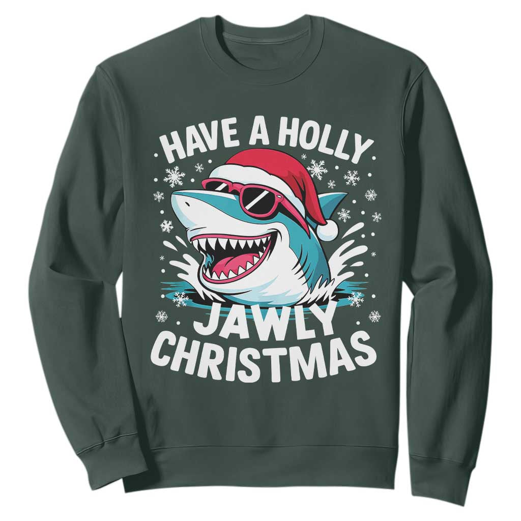 Funny Xmas Shark Sweatshirt Have A Holly Jawly Christmas Santa Hat TS11 Dark Forest Green Print Your Wear