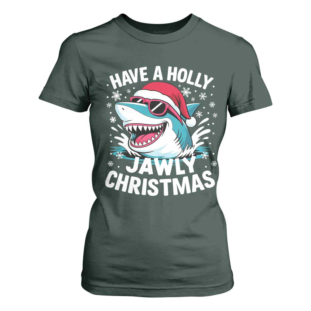 Funny Xmas Shark T Shirt For Women Have A Holly Jawly Christmas Santa Hat TS11 Dark Forest Green Print Your Wear