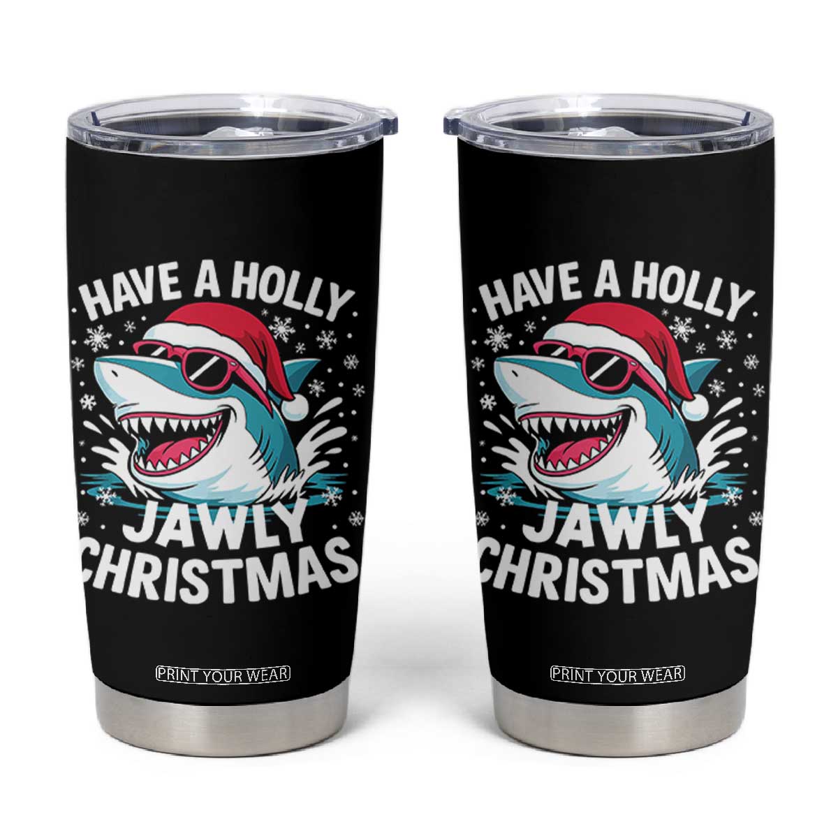 Funny Xmas Shark Tumbler Cup Have A Holly Jawly Christmas Santa Hat - Print Your Wear