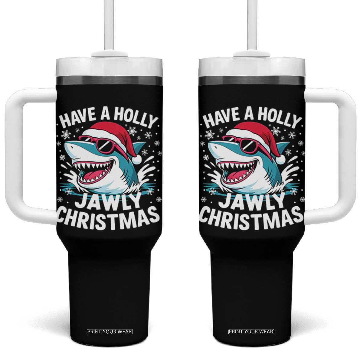 Funny Xmas Shark Tumbler With Handle Have A Holly Jawly Christmas Santa Hat - Print Your Wear