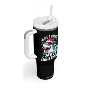 Funny Xmas Shark Tumbler With Handle Have A Holly Jawly Christmas Santa Hat - Print Your Wear