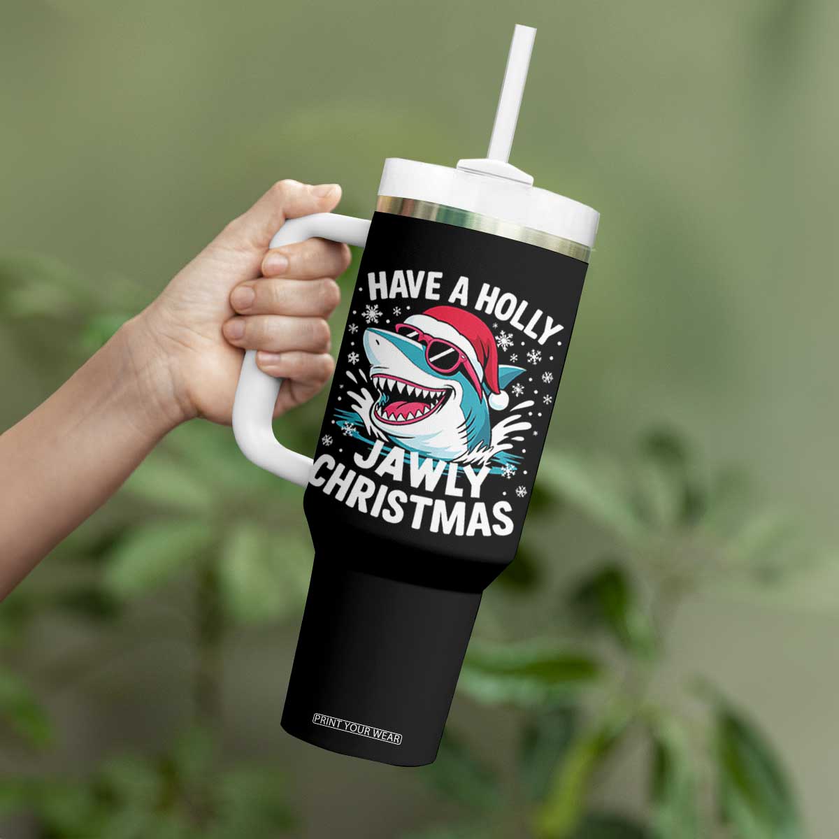 Funny Xmas Shark Tumbler With Handle Have A Holly Jawly Christmas Santa Hat - Print Your Wear