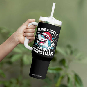 Funny Xmas Shark Tumbler With Handle Have A Holly Jawly Christmas Santa Hat - Print Your Wear