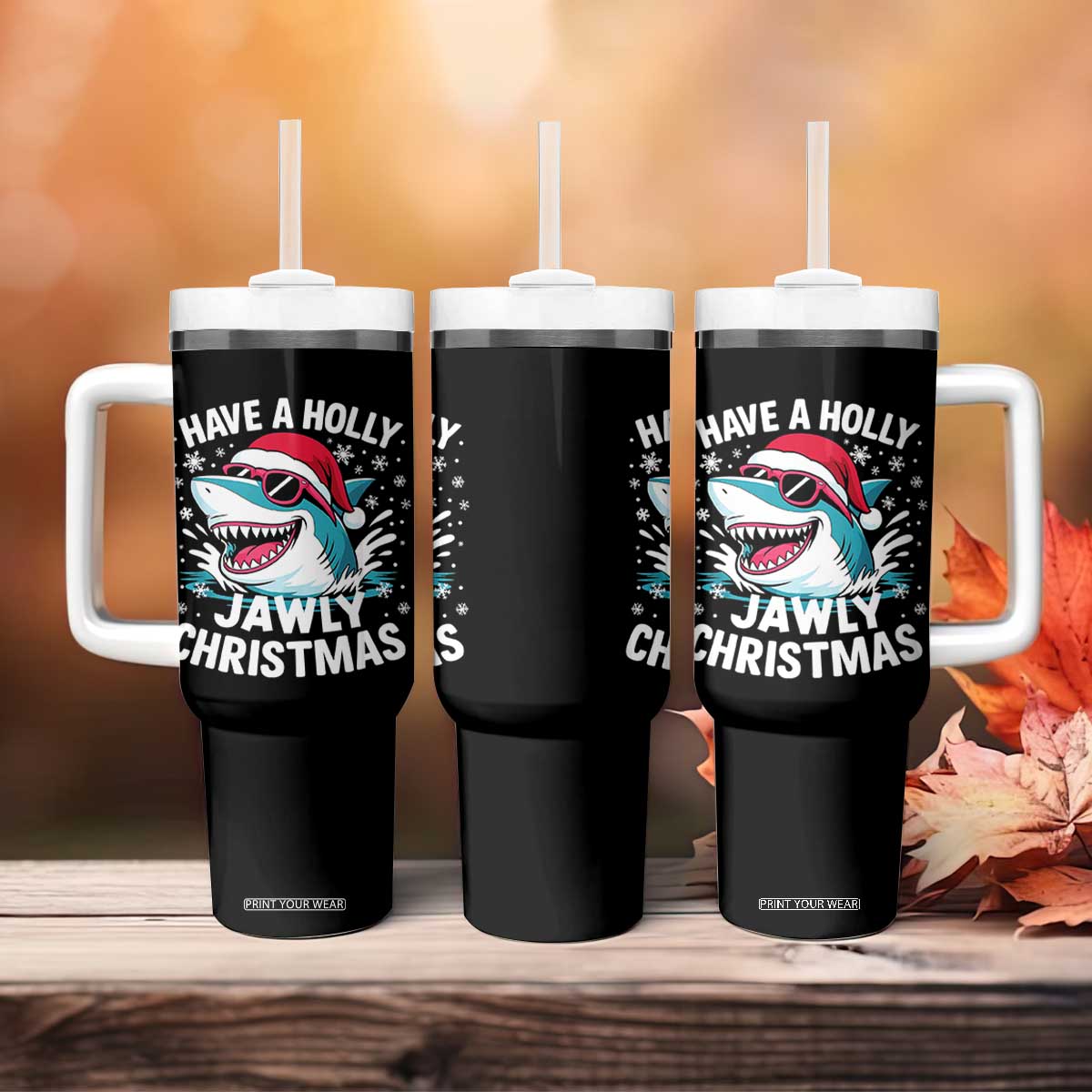 Funny Xmas Shark Tumbler With Handle Have A Holly Jawly Christmas Santa Hat - Print Your Wear