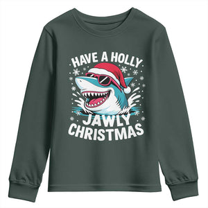 Funny Xmas Shark Youth Sweatshirt Have A Holly Jawly Christmas Santa Hat TS11 Dark Forest Green Print Your Wear