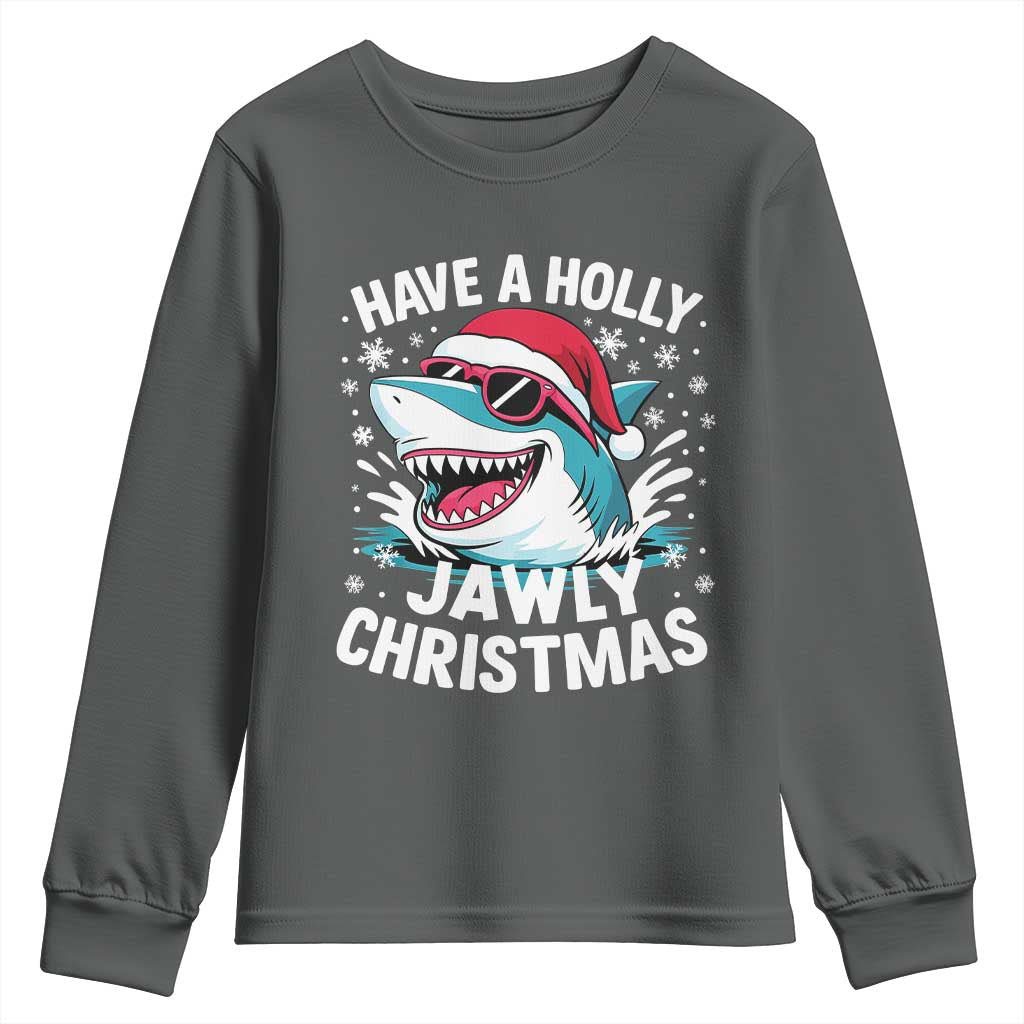 Funny Xmas Shark Youth Sweatshirt Have A Holly Jawly Christmas Santa Hat TS11 Dark Heather Print Your Wear
