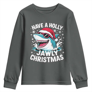 Funny Xmas Shark Youth Sweatshirt Have A Holly Jawly Christmas Santa Hat TS11 Dark Heather Print Your Wear
