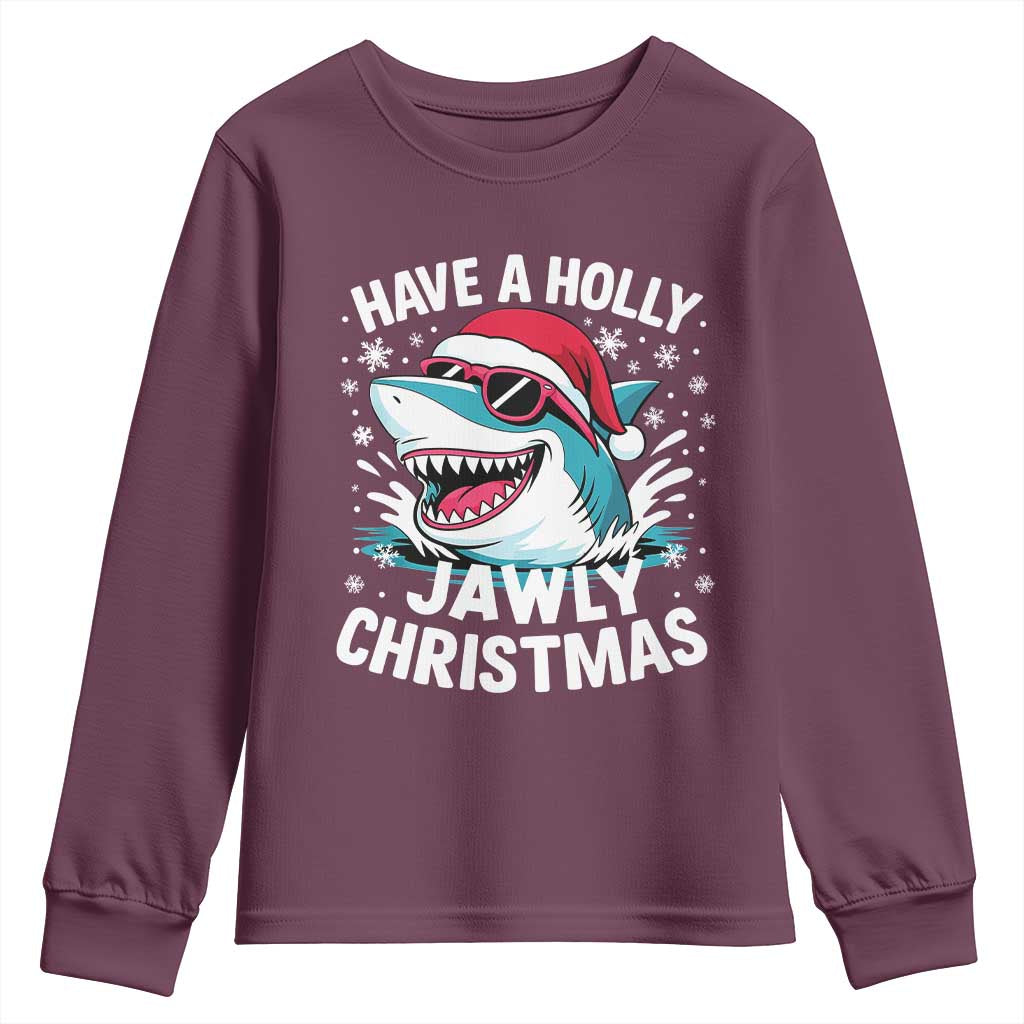 Funny Xmas Shark Youth Sweatshirt Have A Holly Jawly Christmas Santa Hat TS11 Maroon Print Your Wear