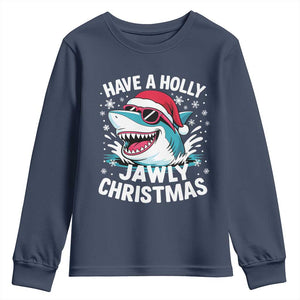 Funny Xmas Shark Youth Sweatshirt Have A Holly Jawly Christmas Santa Hat TS11 Navy Print Your Wear