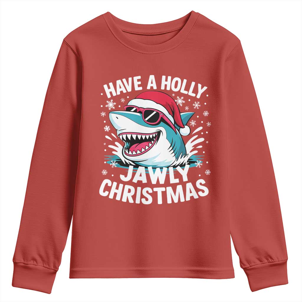 Funny Xmas Shark Youth Sweatshirt Have A Holly Jawly Christmas Santa Hat TS11 Red Print Your Wear