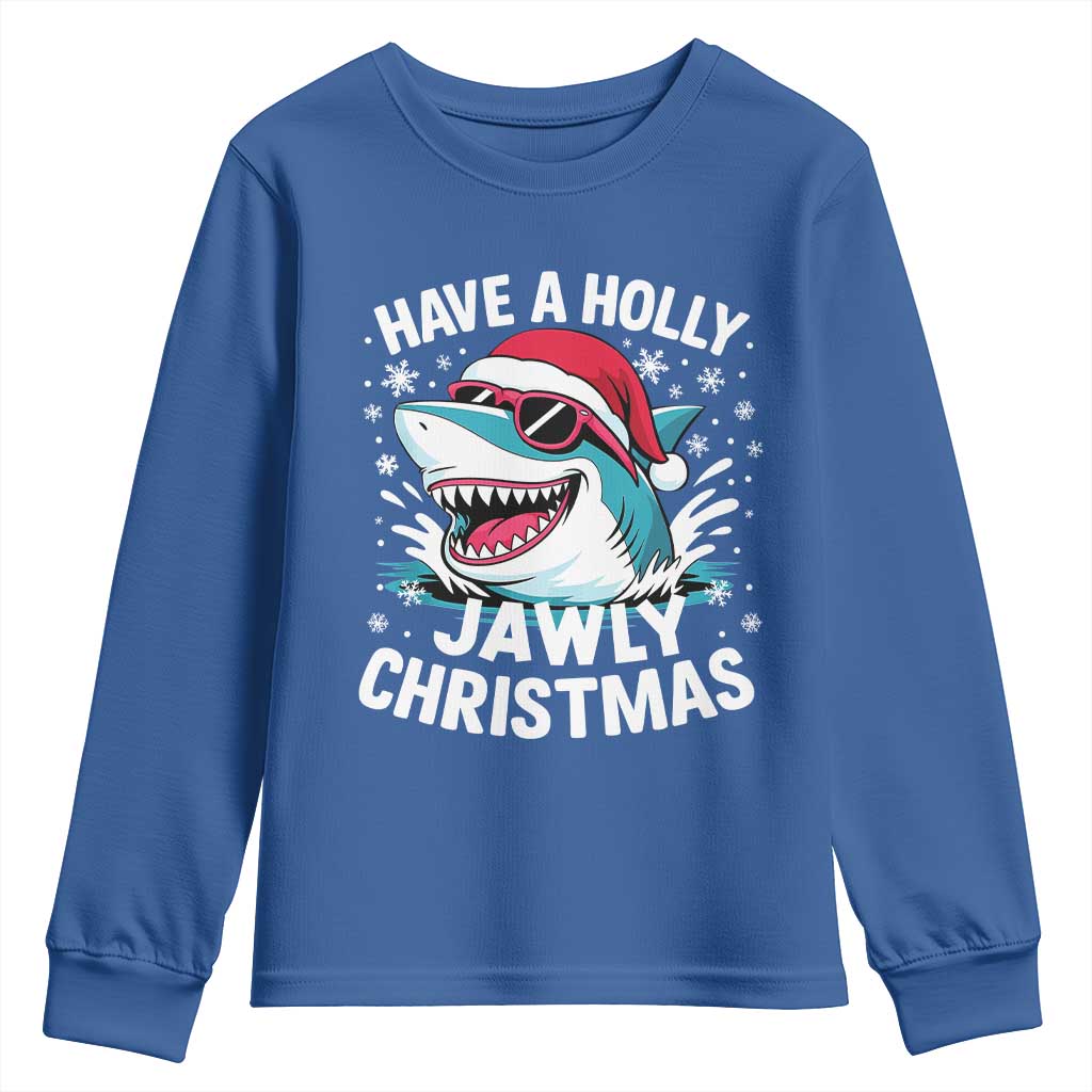 Funny Xmas Shark Youth Sweatshirt Have A Holly Jawly Christmas Santa Hat TS11 Royal Blue Print Your Wear