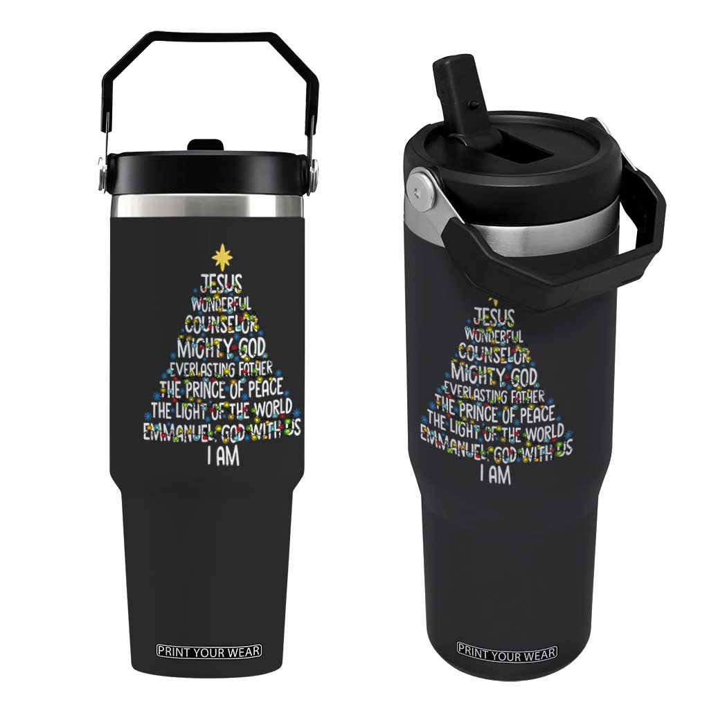 Christian Christmas Flip Straw Tumbler Jesus Wonderful Counselor Mighty God Xmas Tree TS11 One Size: 30 oz Black Print Your Wear