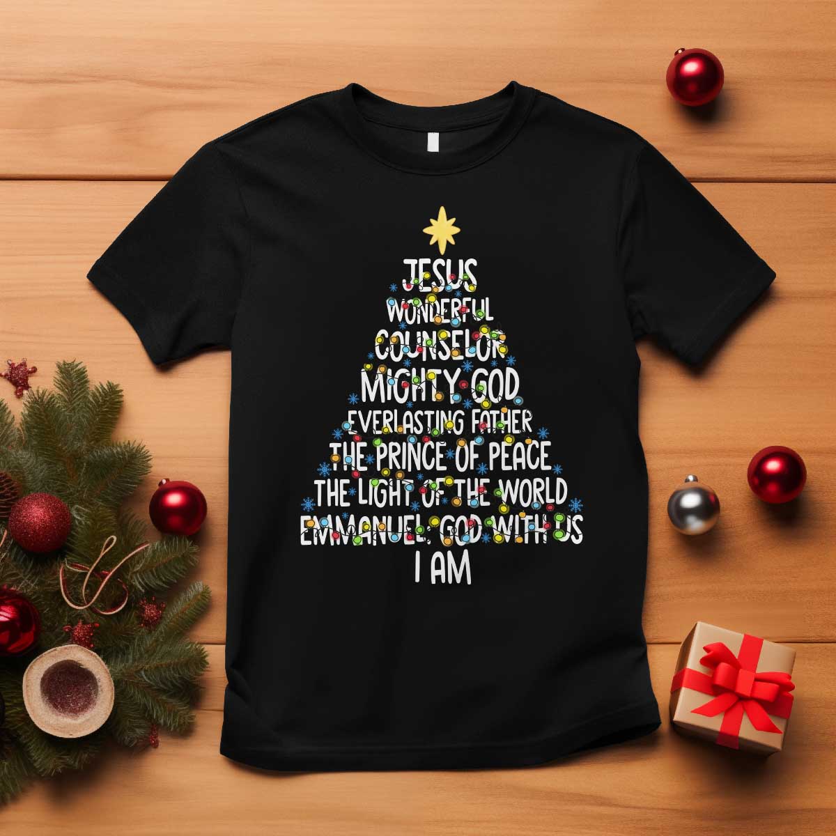 Christian Christmas T Shirt Jesus Wonderful Counselor Mighty God Xmas Tree TS11 Black Print Your Wear